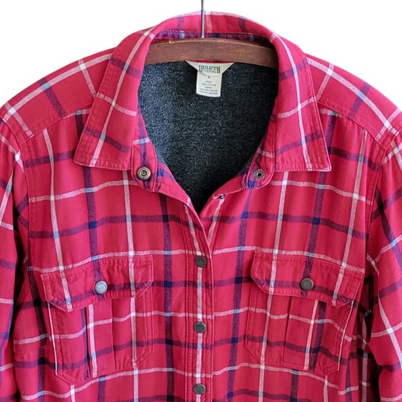 Duluth Free Swingin' Red Plaid Fleece Lined Snap Front Shirt Jacket Shacket Sz L - Picture 3 of 12